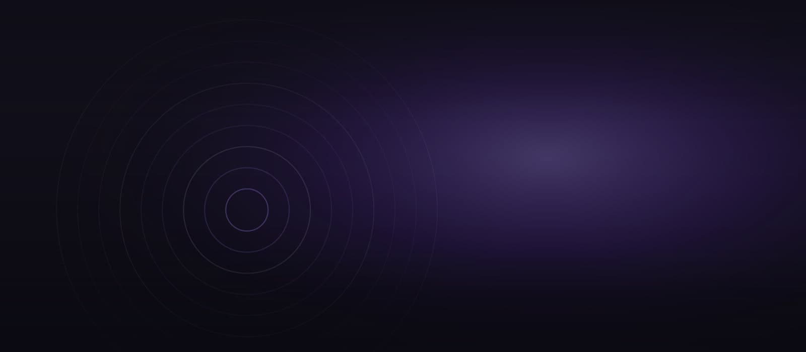 Abstract brand artwork: concentric rings offset to the right under violet light on a near-black field