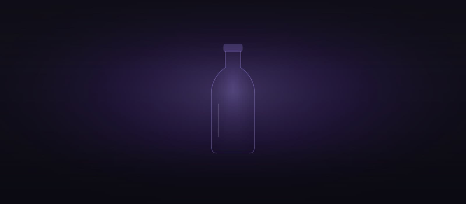 Abstract brand artwork: the outline of a bottle standing in a soft violet spotlight on a near-black field