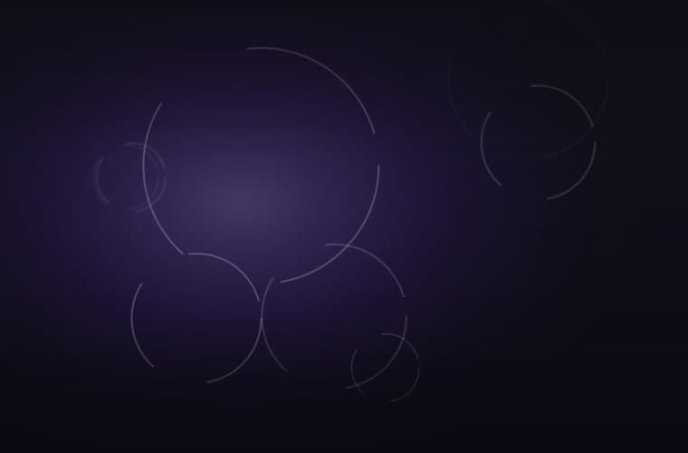 Abstract brand artwork: overlapping coiled arcs under a soft violet spotlight on a near-black field