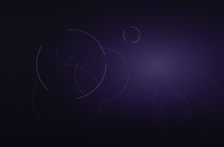 Abstract brand artwork: overlapping coiled arcs under a soft violet spotlight on a near-black field